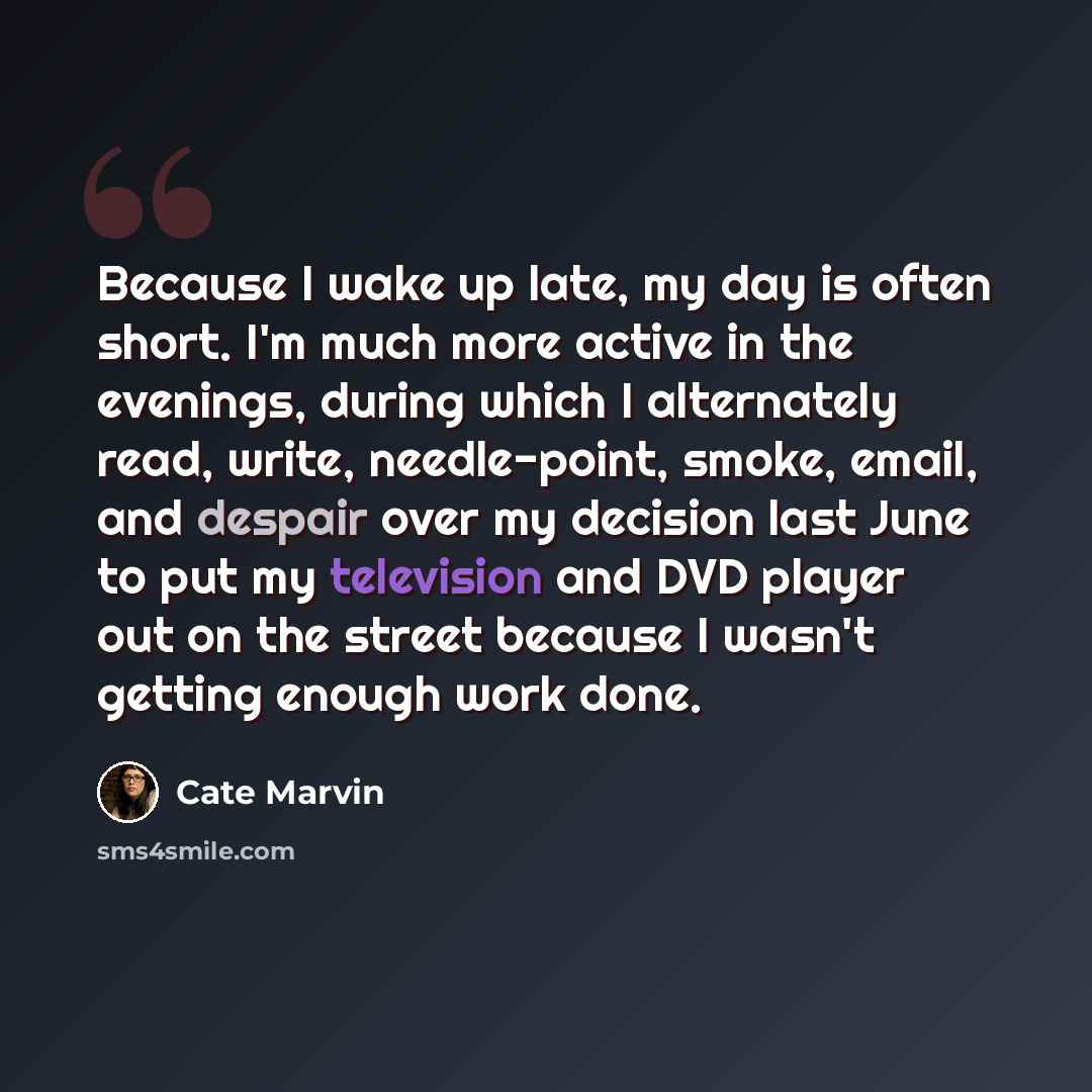 “Because I wake up late, my day is often short. I'm much more active in the evenings, during which I alternately read, write, needle-point, smoke, email, and despair over my decision last June to put my television and DVD player out on the street because I wasn't getting enough work done.” quote by Cate Marvin