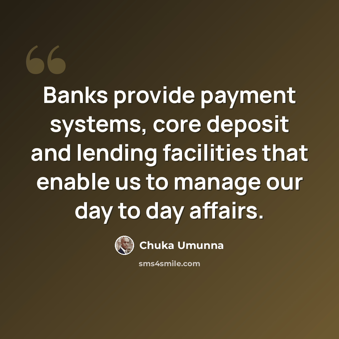 “Banks provide payment systems, core deposit and lending facilities that enable us to manage our day to day affairs.” quote by Chuka Umunna