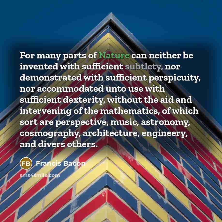 “For many parts of Nature can neither be invented with sufficient subtlety, nor demonstrated with sufficient perspicuity, nor accommodated unto use with sufficient dexterity, without the aid and intervening of the mathematics, of which sort are perspective, music, astronomy, cosmography…” quote by Francis Bacon