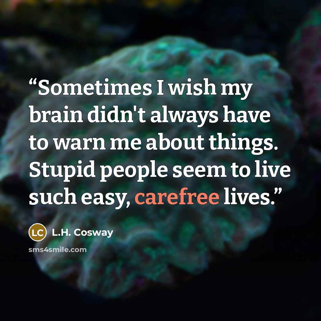 “Sometimes I wish my brain didn't always have to warn me about things. Stupid people seem to live such easy, carefree lives.” quote by L.H. Cosway
