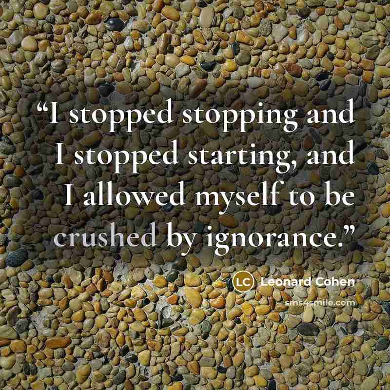 “I stopped stopping and I stopped starting, and I allowed myself to be crushed by ignorance.” quote by Leonard Cohen