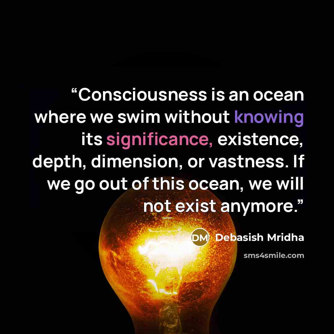 “Consciousness is an ocean where we swim without knowing its significance, existence, depth, dimension, or vastness. If we go out of this ocean, we will not exist anymore.” quote by Debasish Mridha