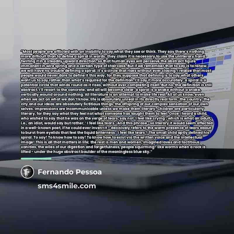 “Most people are afflicted with an inability to say what they see or think. They say there’s nothing more difficult than to define a spiral in words; they claim it is necessary to use the unliterary hand, twirling it in a steadily upward direction, so that human eyes will perceive the abstract…” quote by Fernando Pessoa