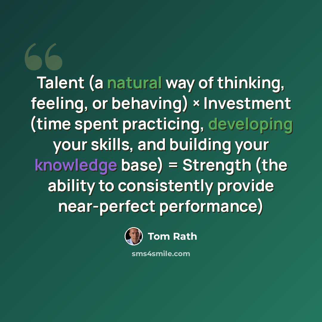 “Talent (a natural way of thinking, feeling, or behaving) × Investment (time spent practicing, developing your skills, and building your knowledge base) = Strength (the ability to consistently provide near-perfect performance)” quote by Tom Rath