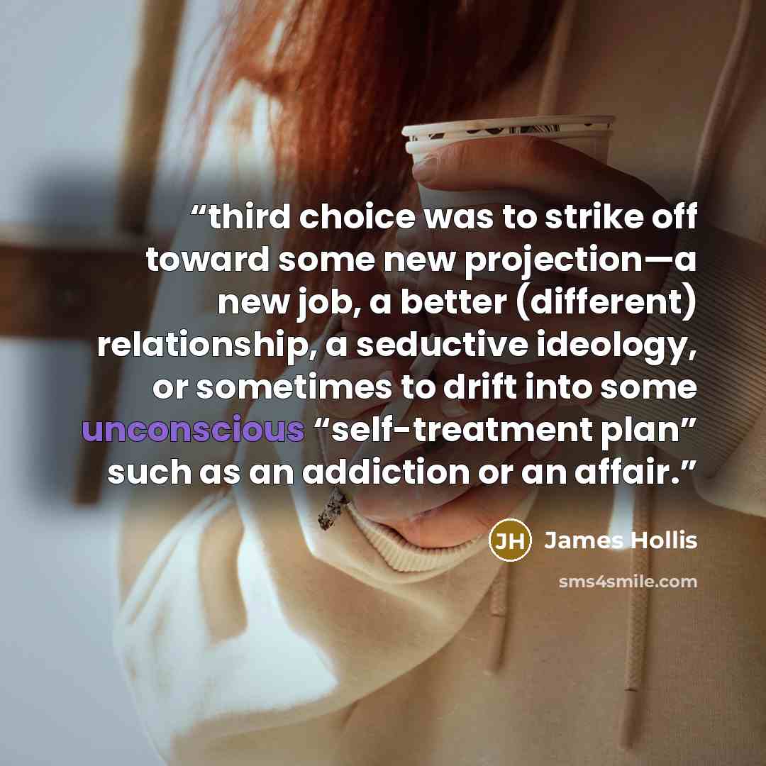 “third choice was to strike off toward some new projection—a new job, a better (different) relationship, a seductive ideology, or sometimes to drift into some unconscious “self-treatment plan” such as an addiction or an affair.” quote by James Hollis