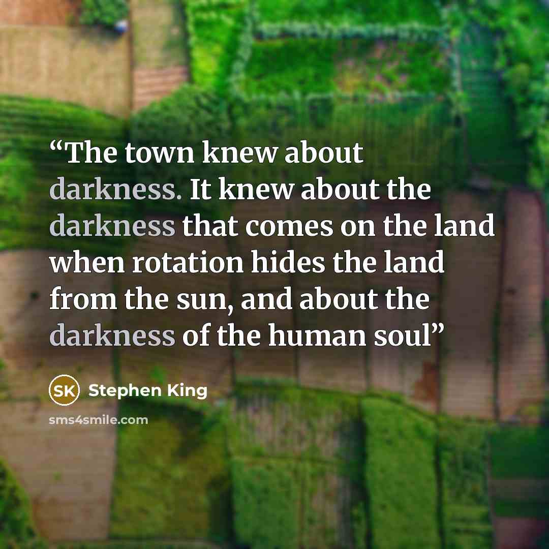 “The town knew about darkness. It knew about the darkness that comes on the land when rotation hides the land from the sun, and about the darkness of the human soul” quote by Stephen King