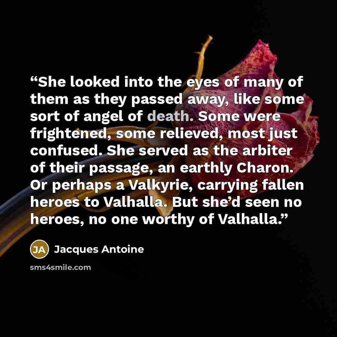 “She looked into the eyes of many of them as they passed away, like some sort of angel of death. Some were frightened, some relieved, most just confused. She served as the arbiter of their passage, an earthly Charon. Or perhaps a Valkyrie, carrying fallen heroes to Valhalla. But she’d seen no…” quote by Jacques Antoine