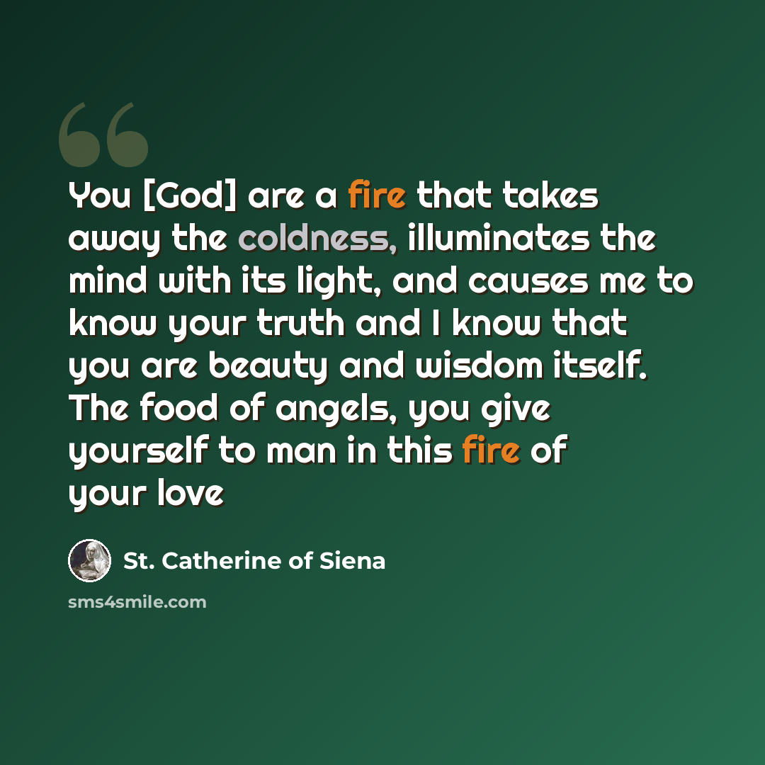 “You [God] are a fire that takes away the coldness, illuminates the mind with its light, and causes me to know your truth and I know that you are beauty and wisdom itself. The food of angels, you give yourself to man in this fire of your love” quote by St. Catherine of Siena