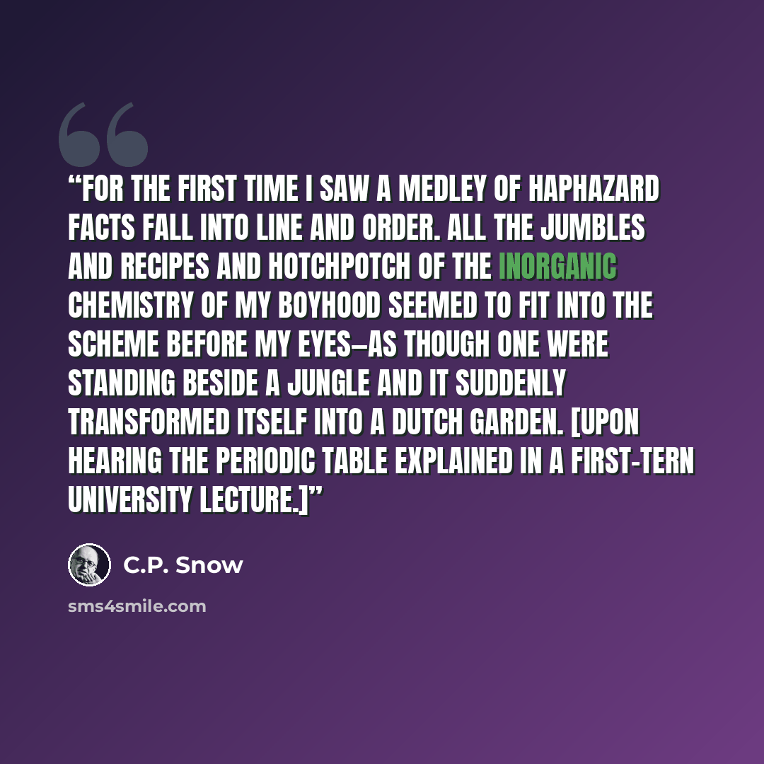 “For the first time I saw a medley of haphazard facts fall into line and order. All the jumbles and recipes and hotchpotch of the inorganic chemistry of my boyhood seemed to fit into the scheme before my eyes—as though one were standing beside a jungle and it suddenly transformed itself into a…” quote by C.P. Snow