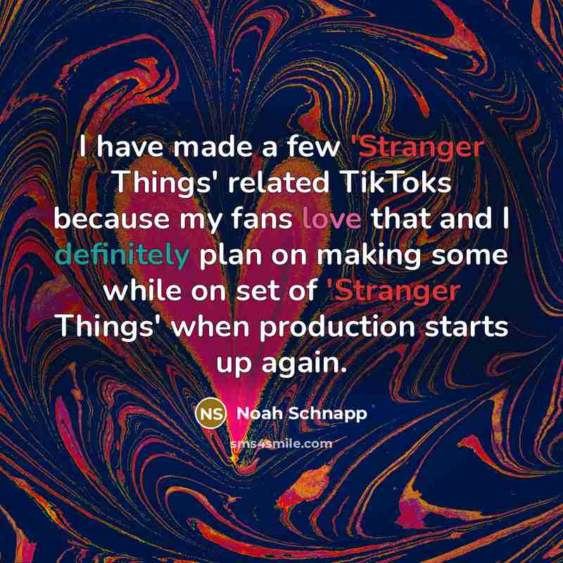 “I have made a few 'Stranger Things' related TikToks because my fans love that and I definitely plan on making some while on set of 'Stranger Things' when production starts up again.” quote by Noah Schnapp