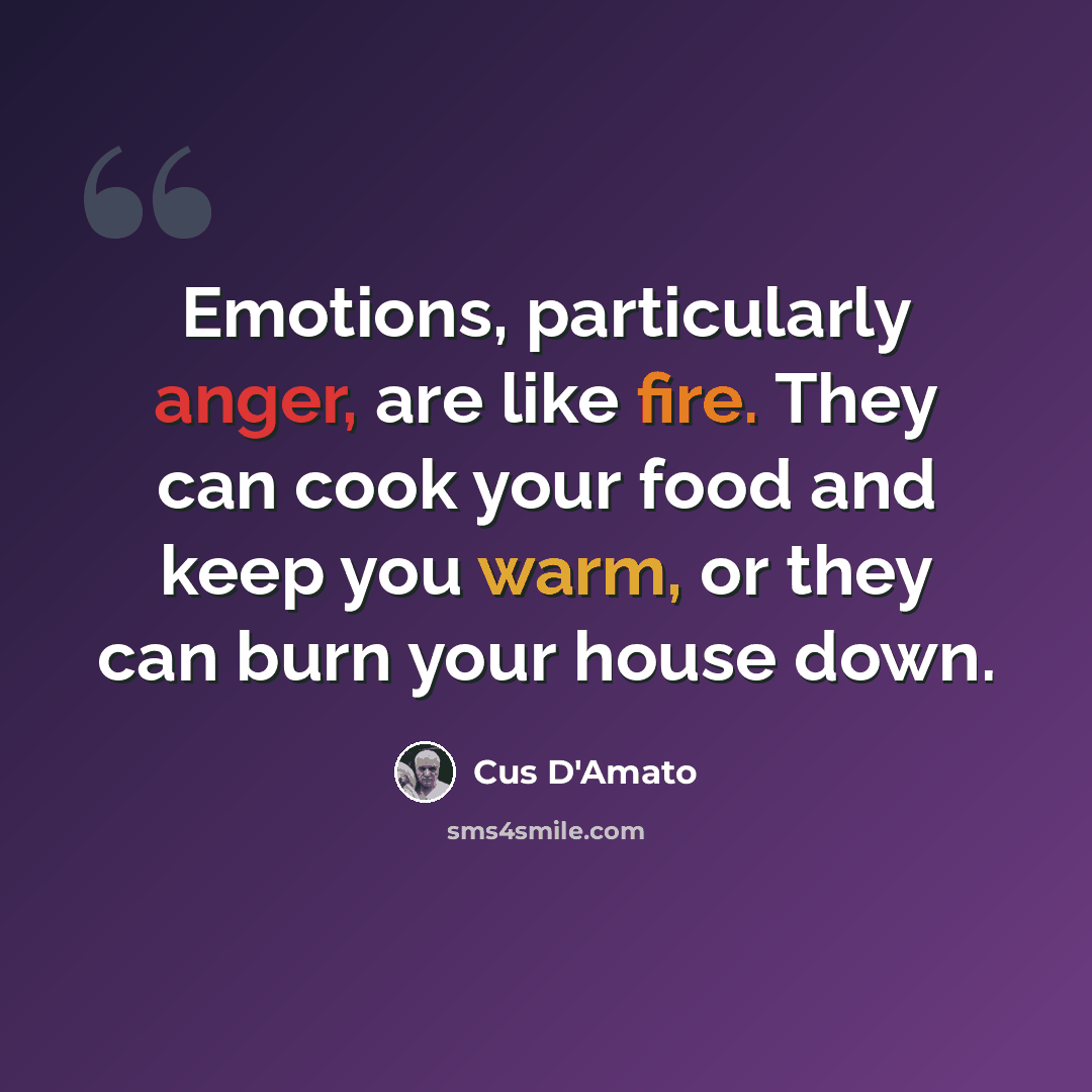 “Emotions, particularly anger, are like fire. They can cook your food and keep you warm, or they can burn your house down.” quote by Cus D'Amato