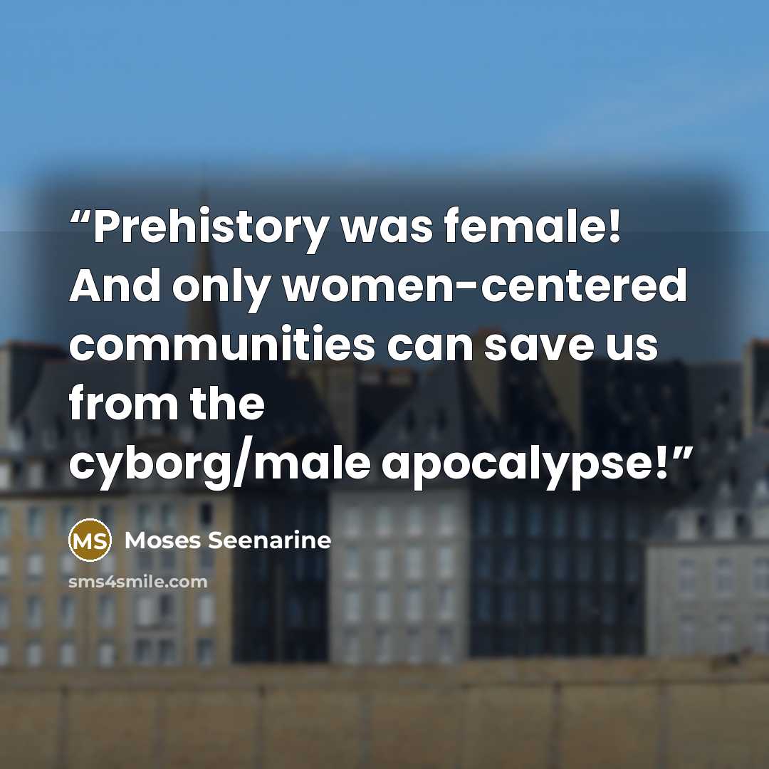 “Prehistory was female! And only women-centered communities can save us from the cyborg/male apocalypse!” quote by Moses Seenarine