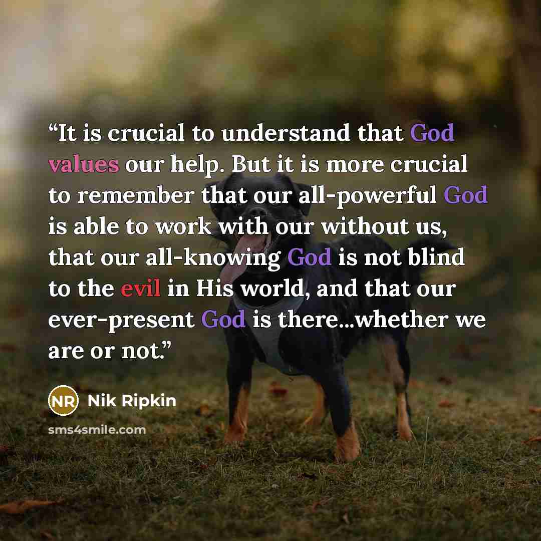 “It is crucial to understand that God values our help. But it is more crucial to remember that our all-powerful God is able to work with our without us, that our all-knowing God is not blind to the evil in His world, and that our ever-present God is there...whether we are or not.” quote by Nik Ripkin