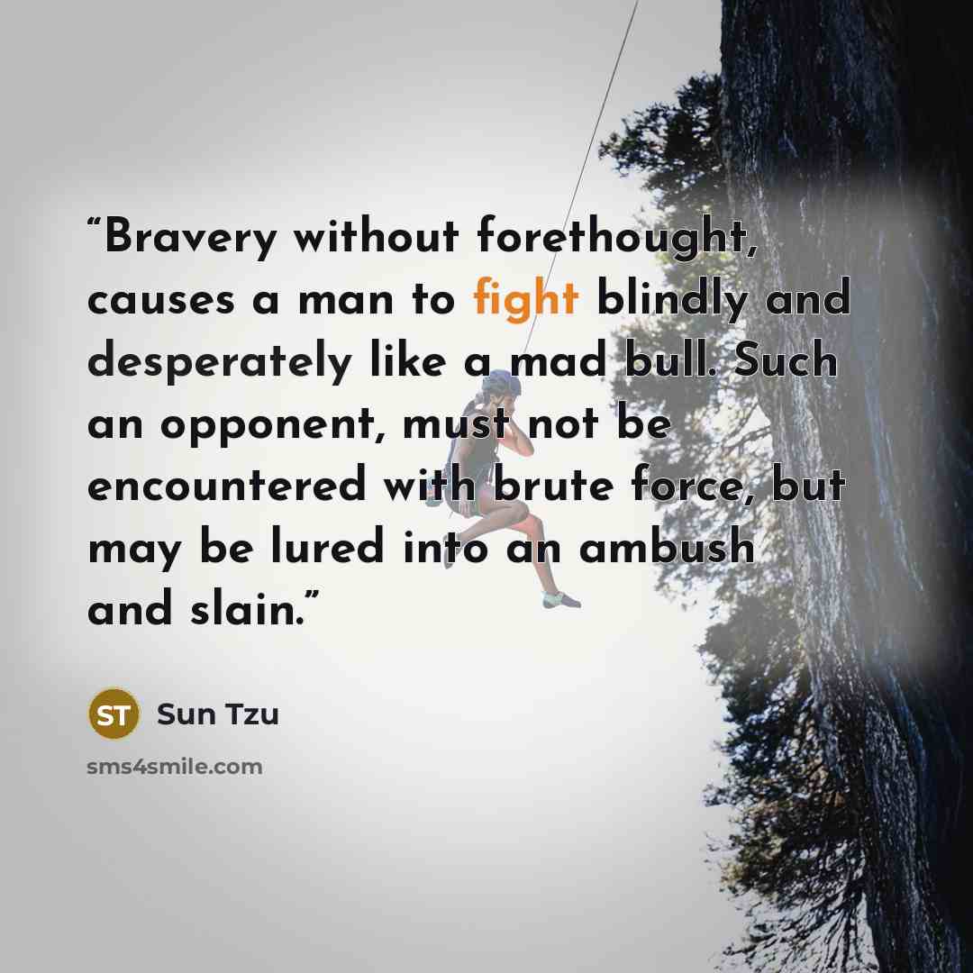 “Bravery without forethought, causes a man to fight blindly and desperately like a mad bull. Such an opponent, must not be encountered with brute force, but may be lured into an ambush and slain.” quote by Sun Tzu