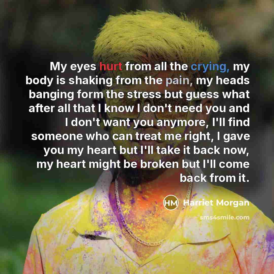 “My eyes hurt from all the crying, my body is shaking from the pain, my heads banging form the stress but guess what after all that I know I don't need you and I don't want you anymore, I'll find someone who can treat me right, I gave you my heart but I'll take it back now, my heart might be broken…” quote by Harriet Morgan