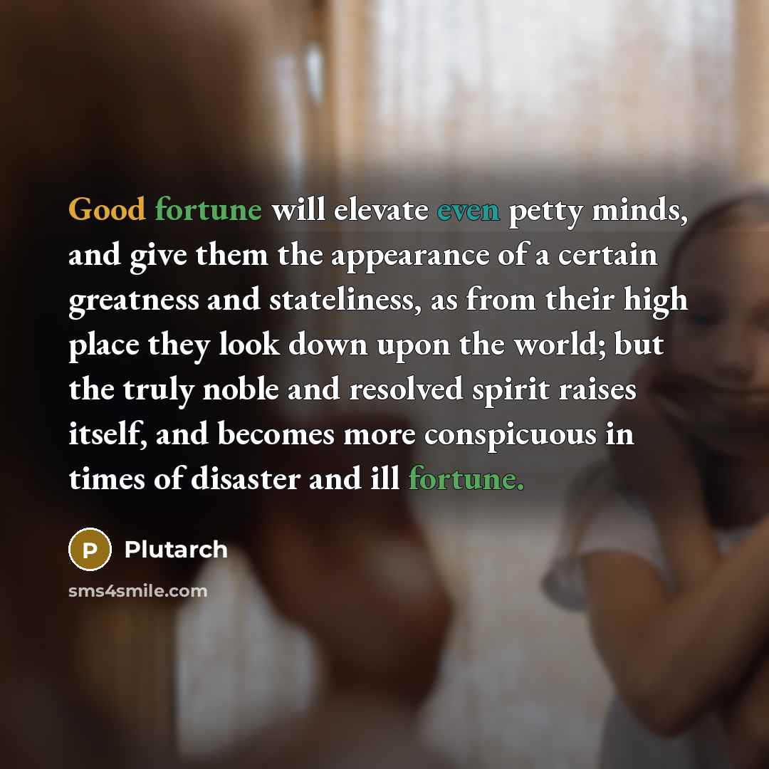 “Good fortune will elevate even petty minds, and give them the appearance of a certain greatness and stateliness, as from their high place they look down upon the world; but the truly noble and resolved spirit raises itself, and becomes more conspicuous in times of disaster and ill fortune.” quote by Plutarch