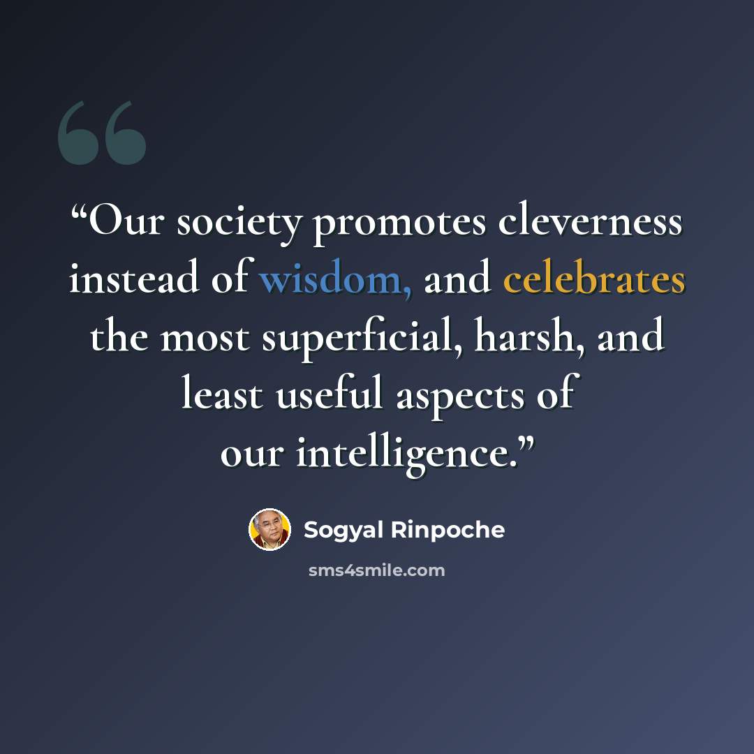 “Our society promotes cleverness instead of wisdom, and celebrates the most superficial, harsh, and least useful aspects of our intelligence.” quote by Sogyal Rinpoche