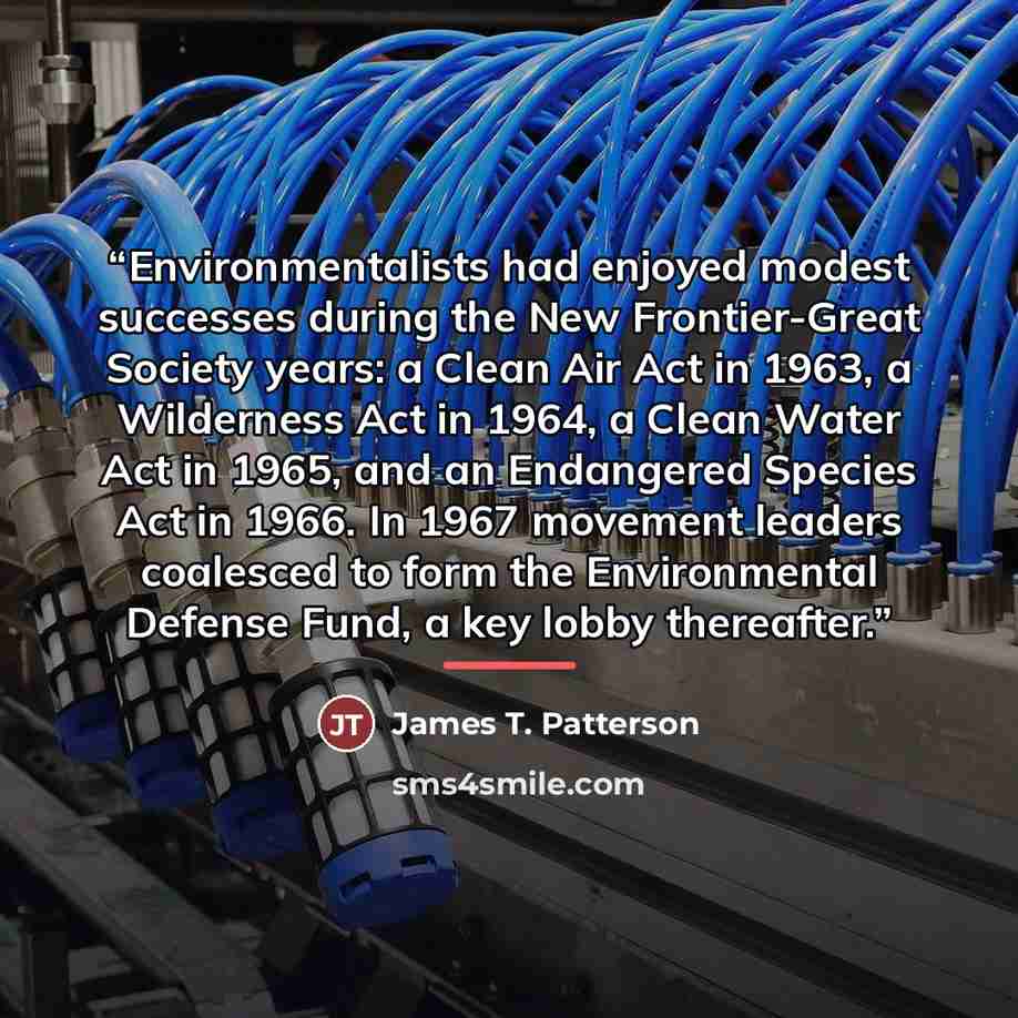 “Environmentalists had enjoyed modest successes during the New Frontier-Great Society years: a Clean Air Act in 1963, a Wilderness Act in 1964, a Clean Water Act in 1965, and an Endangered Species Act in 1966. In 1967 movement leaders coalesced to form the Environmental Defense Fund, a key lobby…” quote by James T. Patterson