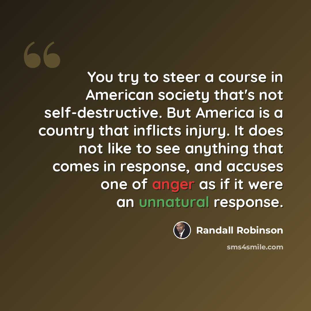“You try to steer a course in American society that's not self-destructive. But America is a country that inflicts injury. It does not like to see anything that comes in response, and accuses one of anger as if it were an unnatural response.” quote by Randall Robinson
