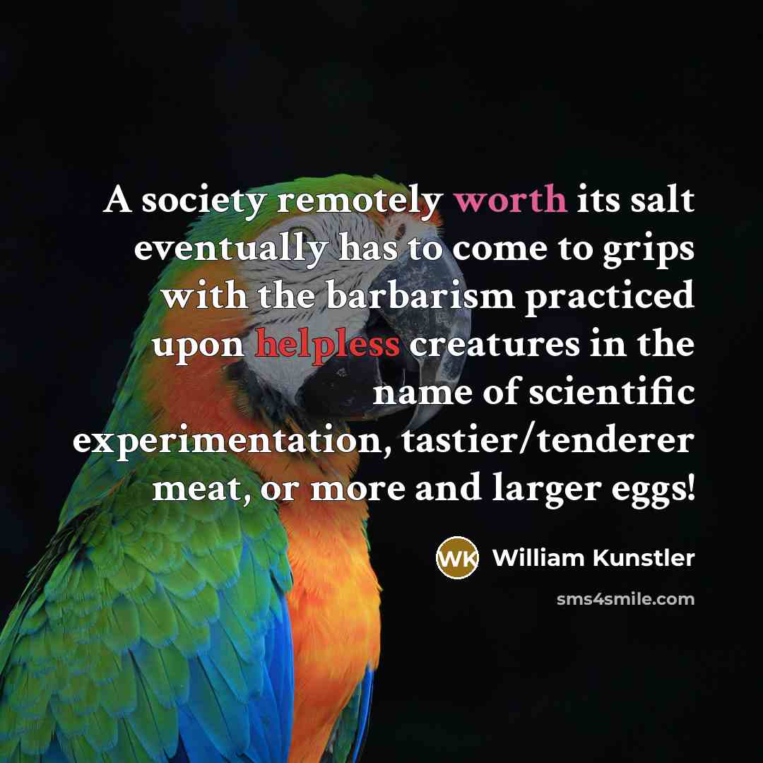 “A society remotely worth its salt eventually has to come to grips with the barbarism practiced upon helpless creatures in the name of scientific experimentation, tastier/tenderer meat, or more and larger eggs!” quote by William Kunstler
