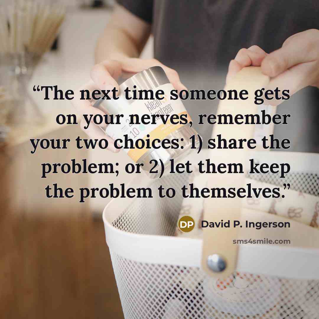 “The next time someone gets on your nerves, remember your two choices: 1) share the problem; or 2) let them keep the problem to themselves.” quote by David P. Ingerson