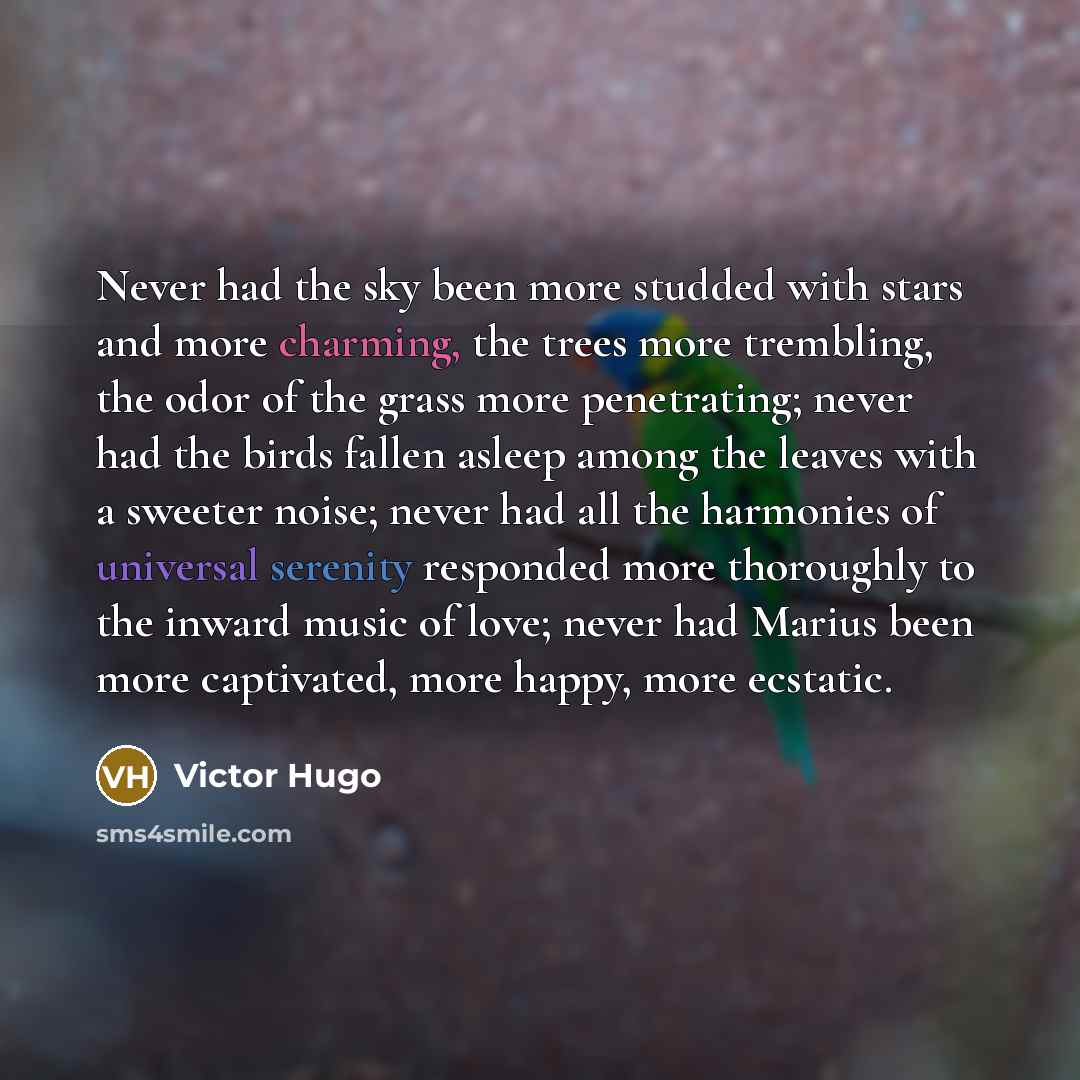 “Never had the sky been more studded with stars and more charming, the trees more trembling, the odor of the grass more penetrating; never had the birds fallen asleep among the leaves with a sweeter noise; never had all the harmonies of universal serenity responded more thoroughly to the inward…” quote by Victor Hugo