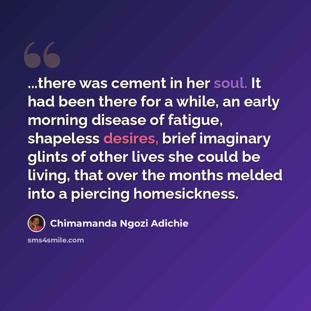 “...there was cement in her soul. It had been there for a while, an early morning disease of fatigue, shapeless desires, brief imaginary glints of other lives she could be living, that over the months melded into a piercing homesickness.” quote by Chimamanda Ngozi Adichie