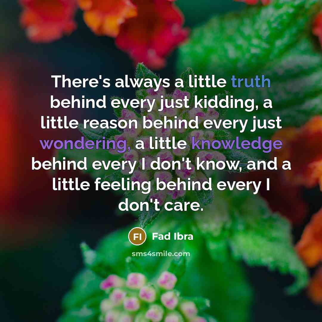 “There's always a little truth behind every just kidding, a little reason behind every just wondering, a little knowledge behind every I don't know, and a little feeling behind every I don't care.” quote by Fad Ibra