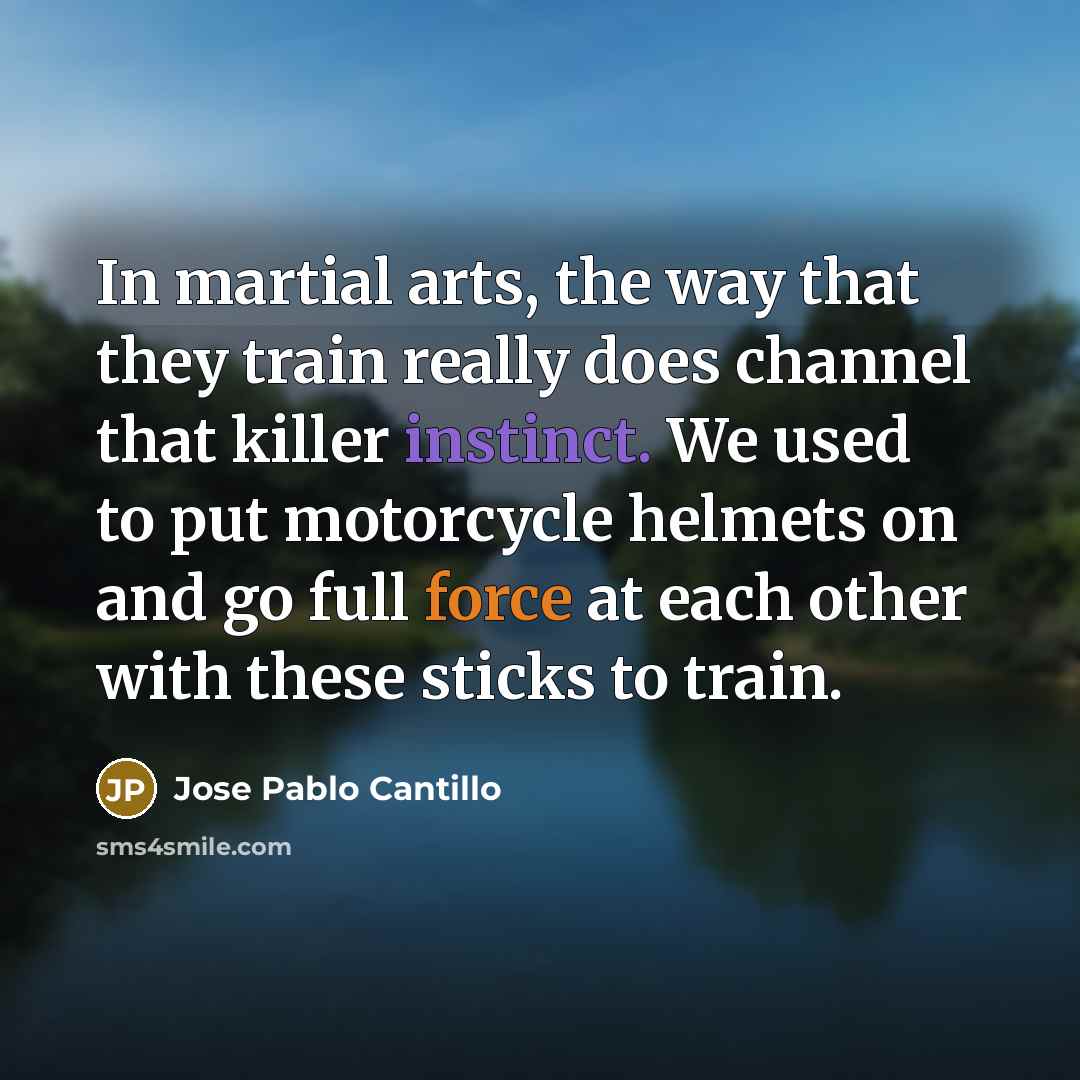 “In martial arts, the way that they train really does channel that killer instinct. We used to put motorcycle helmets on and go full force at each other with these sticks to train.” quote by Jose Pablo Cantillo