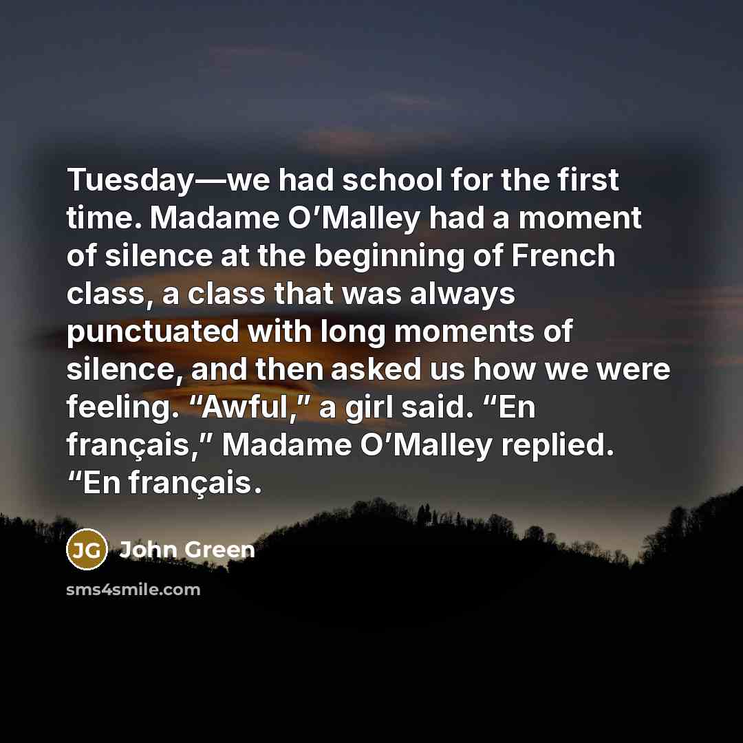 “Tuesday—we had school for the first time. Madame O’Malley had a moment of silence at the beginning of French class, a class that was always punctuated with long moments of silence, and then asked us how we were feeling. “Awful,” a girl said. “En français,” Madame O’Malley replied. “En français.” quote by John Green