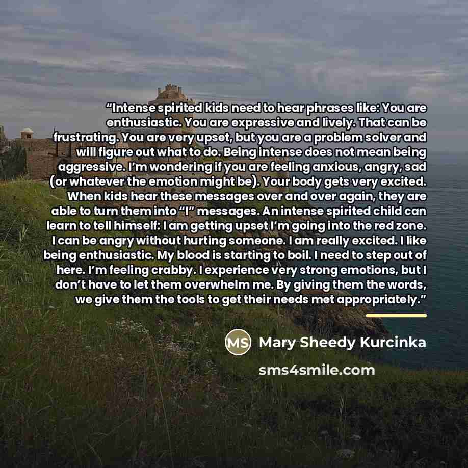 “Intense spirited kids need to hear phrases like: You are enthusiastic. You are expressive and lively. That can be frustrating. You are very upset, but you are a problem solver and will figure out what to do. Being intense does not mean being aggressive. I’m wondering if you are feeling anxious…” quote by Mary Sheedy Kurcinka
