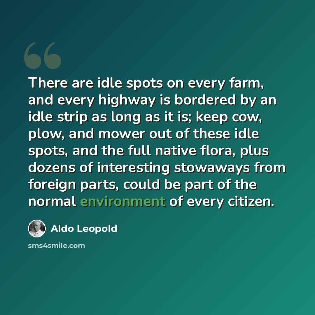 “There are idle spots on every farm, and every highway is bordered by an idle strip as long as it is; keep cow, plow, and mower out of these idle spots, and the full native flora, plus dozens of interesting stowaways from foreign parts, could be part of the normal environment of every citizen.” quote by Aldo Leopold