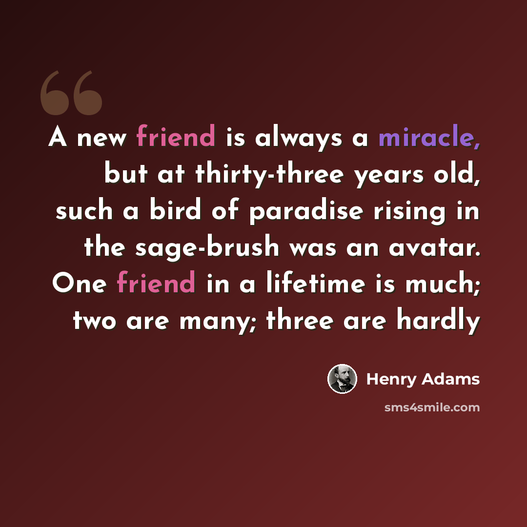 “A new friend is always a miracle, but at thirty-three years old, such a bird of paradise rising in the sage-brush was an avatar. One friend in a lifetime is much; two are many; three are hardly” quote by Henry Adams