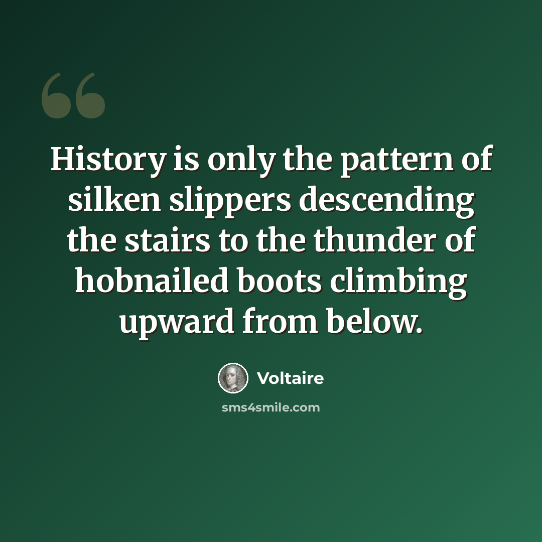 “History is only the pattern of silken slippers descending the stairs to the thunder of hobnailed boots climbing upward from below.” quote by Voltaire
