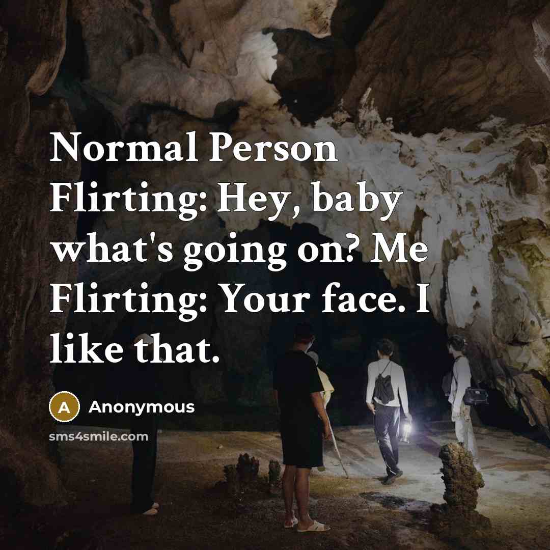“Normal Person Flirting: Hey, baby what's going on? Me Flirting: Your face. I like that.” quote by Anonymous