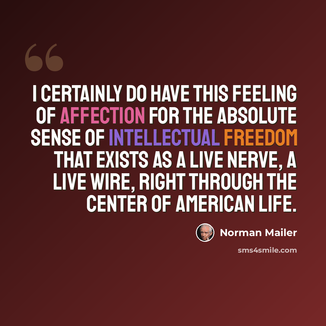 “I certainly do have this feeling of affection for the absolute sense of intellectual freedom that exists as a live nerve, a live wire, right through the center of American life.” quote by Norman Mailer