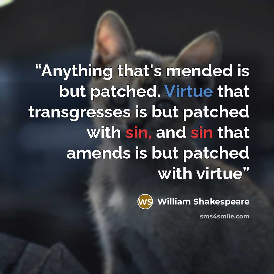 “Anything that's mended is but patched. Virtue that transgresses is but patched with sin, and sin that amends is but patched with virtue” quote by William Shakespeare