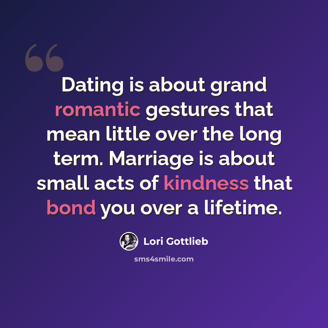 “Dating is about grand romantic gestures that mean little over the long term. Marriage is about small acts of kindness that bond you over a lifetime.” quote by Lori Gottlieb