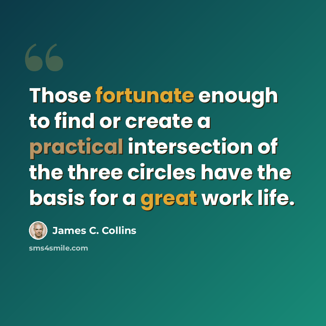 “Those fortunate enough to find or create a practical intersection of the three circles have the basis for a great work life.” quote by James C. Collins