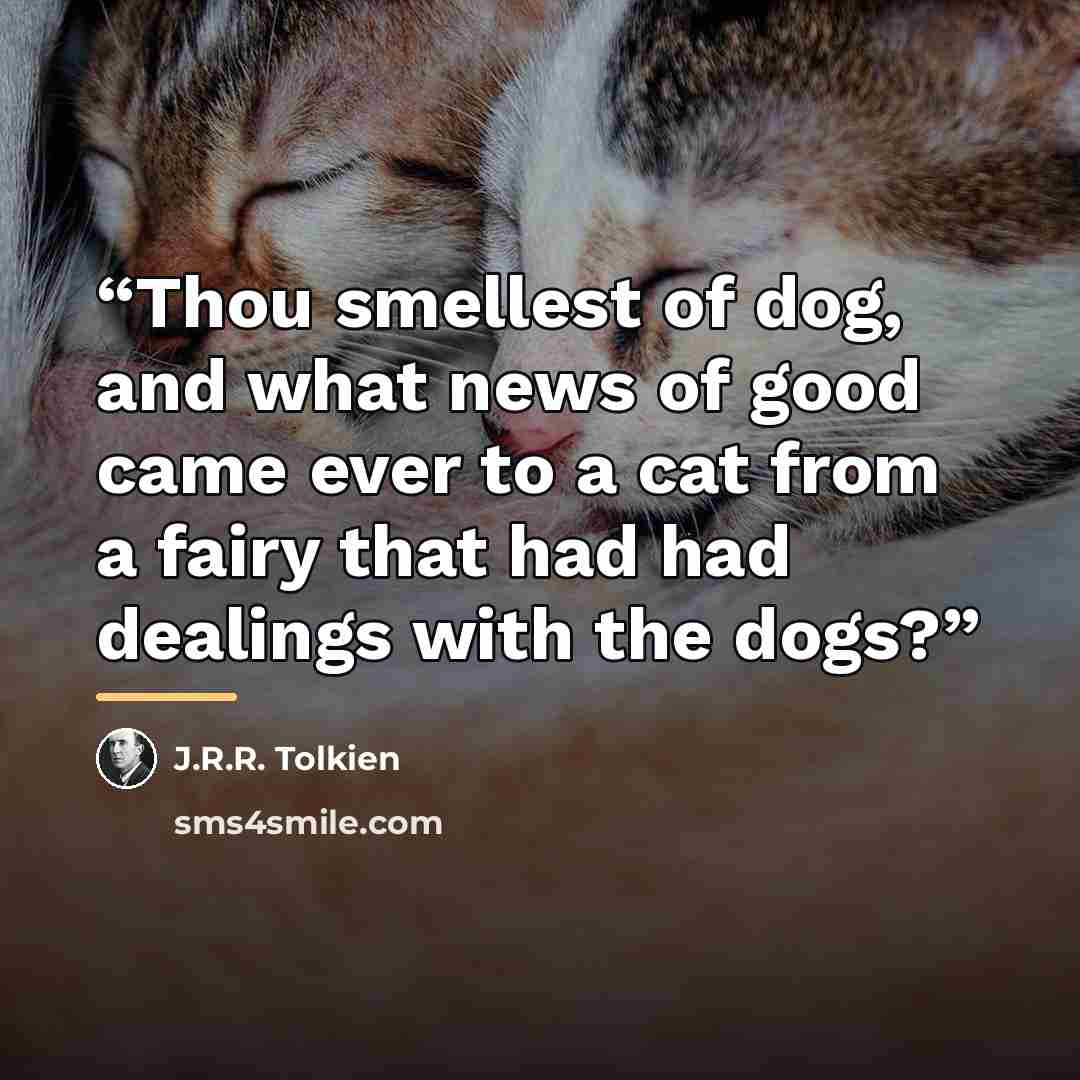 “Thou smellest of dog, and what news of good came ever to a cat from a fairy that had had dealings with the dogs?” quote by J.R.R. Tolkien