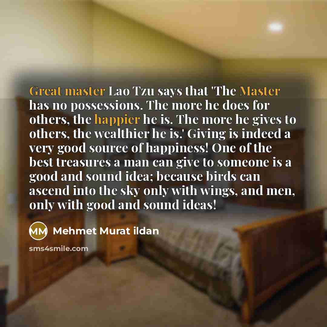 “Great master Lao Tzu says that 'The Master has no possessions. The more he does for others, the happier he is. The more he gives to others, the wealthier he is.' Giving is indeed a very good source of happiness! One of the best treasures a man can give to someone is a good and sound idea; because…” quote by Mehmet Murat Ildan