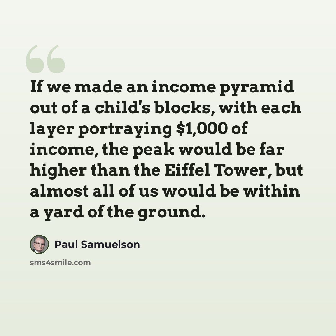 “If we made an income pyramid out of a child's blocks, with each layer portraying $1,000 of income, the peak would be far higher than the Eiffel Tower, but almost all of us would be within a yard of the ground.” quote by Paul Samuelson