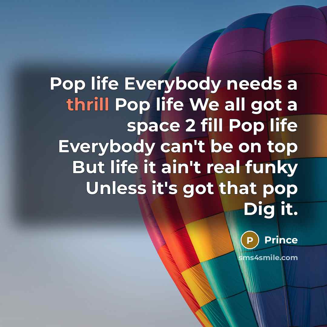 “Pop life Everybody needs a thrill Pop life We all got a space 2 fill Pop life Everybody can't be on top But life it ain't real funky Unless it's got that pop Dig it.” quote by Prince