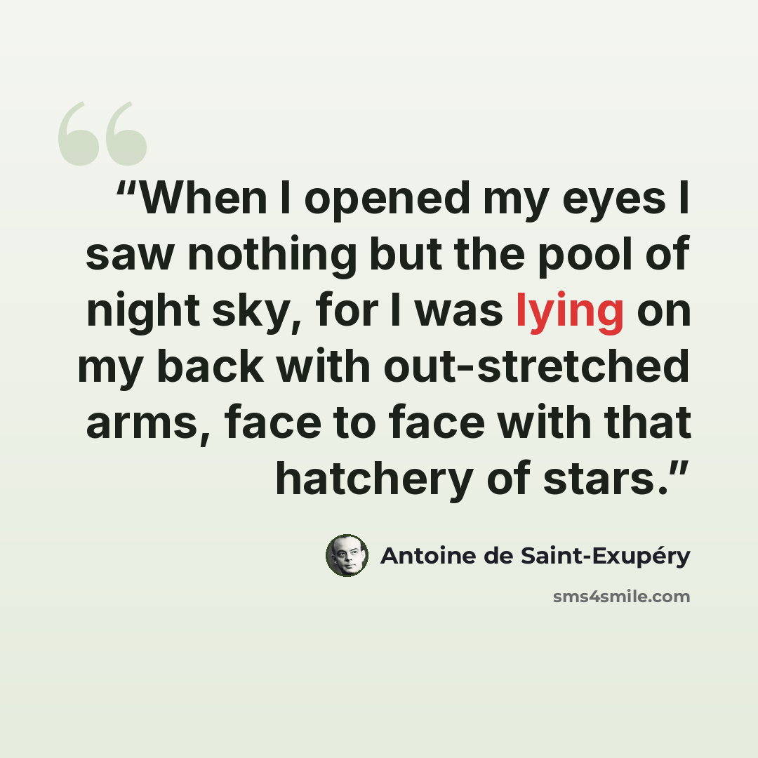 “When I opened my eyes I saw nothing but the pool of night sky, for I was lying on my back with out-stretched arms, face to face with that hatchery of stars.” quote by Antoine de Saint-Exupéry