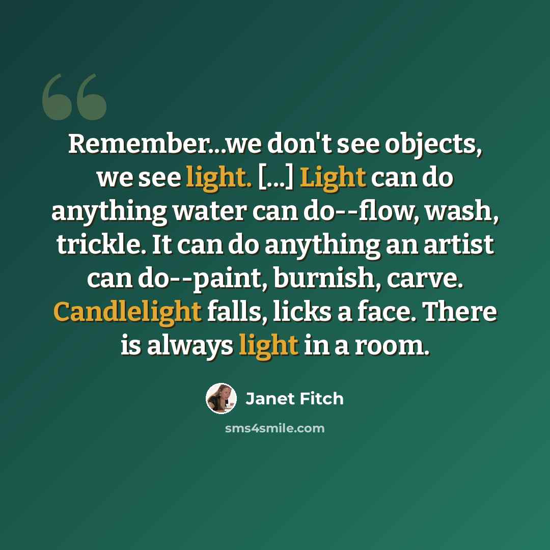 “Remember...we don't see objects, we see light. [...] Light can do anything water can do--flow, wash, trickle. It can do anything an artist can do--paint, burnish, carve. Candlelight falls, licks a face. There is always light in a room.” quote by Janet Fitch