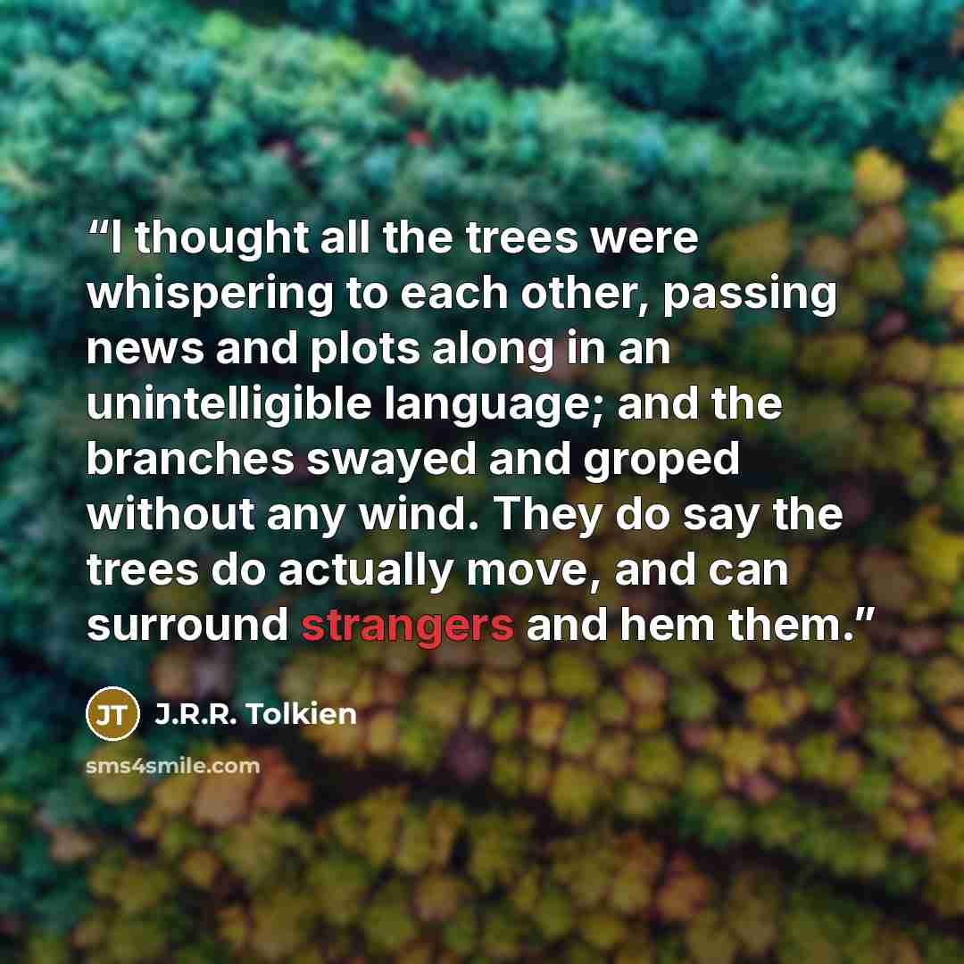“I thought all the trees were whispering to each other, passing news and plots along in an unintelligible language; and the branches swayed and groped without any wind. They do say the trees do actually move, and can surround strangers and hem them.” quote by J.R.R. Tolkien