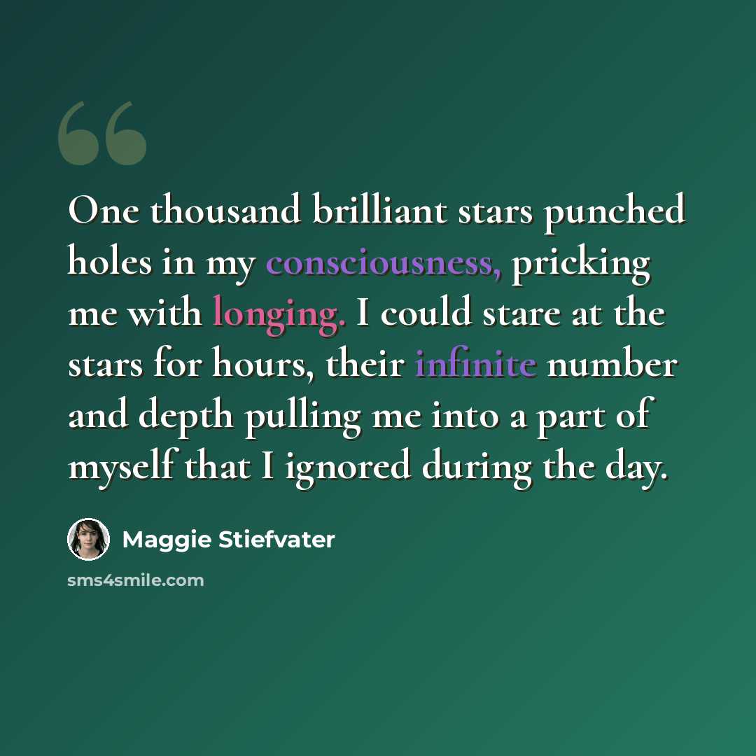 “One thousand brilliant stars punched holes in my consciousness, pricking me with longing. I could stare at the stars for hours, their infinite number and depth pulling me into a part of myself that I ignored during the day.” quote by Maggie Stiefvater