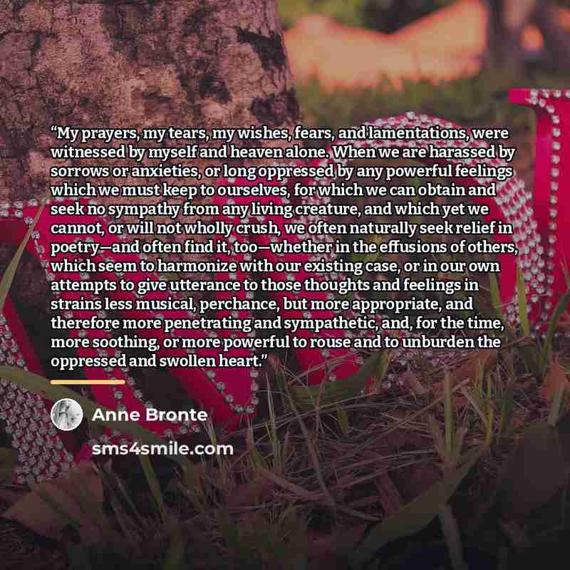 “My prayers, my tears, my wishes, fears, and lamentations, were witnessed by myself and heaven alone. When we are harassed by sorrows or anxieties, or long oppressed by any powerful feelings which we must keep to ourselves, for which we can obtain and seek no sympathy from any living creature, and…” quote by Anne Brontë