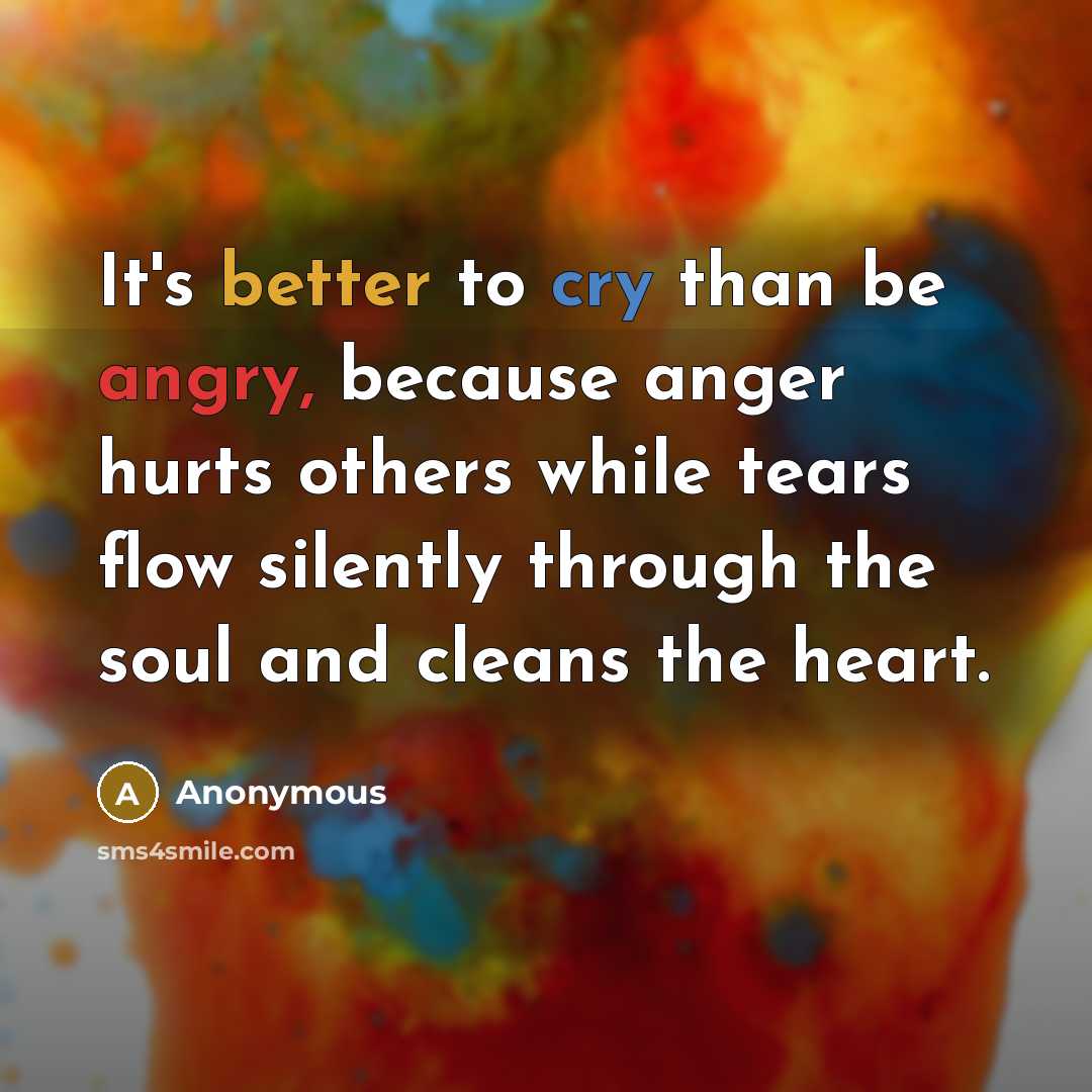“It's better to cry than be angry, because anger hurts others while tears flow silently through the soul and cleans the heart.” quote by Anonymous