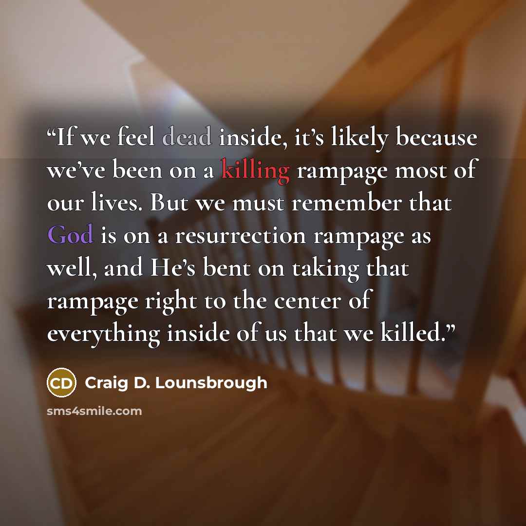 “If we feel dead inside, it’s likely because we’ve been on a killing rampage most of our lives. But we must remember that God is on a resurrection rampage as well, and He’s bent on taking that rampage right to the center of everything inside of us that we killed.” quote by Craig D. Lounsbrough